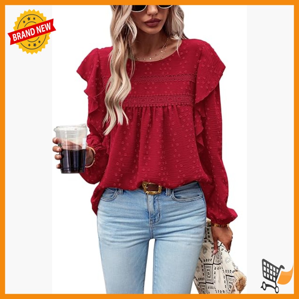 Long Sleeve Tunic Blouse With Ruffle Shoulder And Crochet Detail